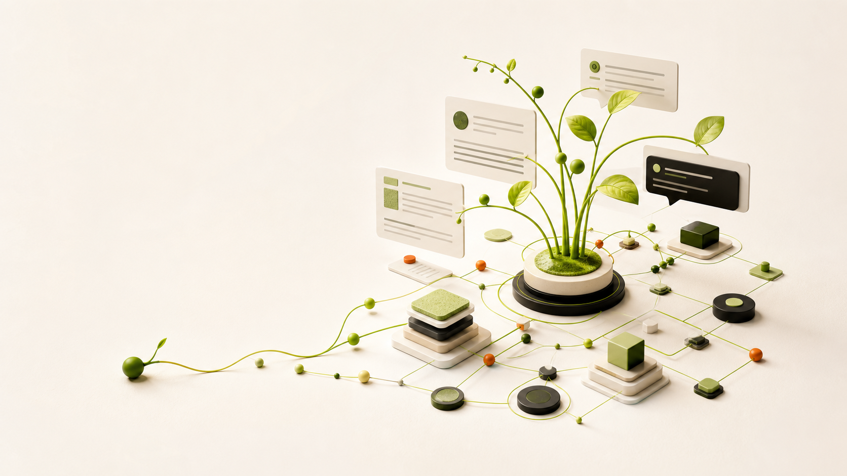 A seed growing into a connected AI content and workflow system